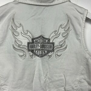 Harley-Davidson Womens Vest White L Corset Back w/Bling Zip Front Pockets Cotton